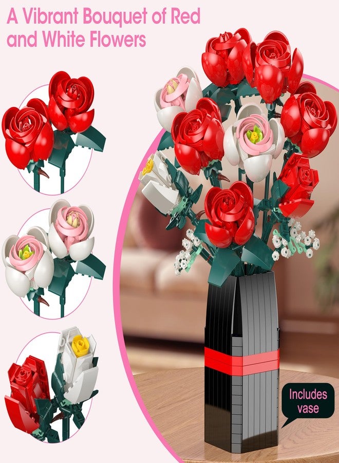 Ancesfun Roses Building Set with Vase, Flower Bouquet Building Kit for Home Office Decor - Flower Botanical Collection Toys Gift for Kids Girls and Adults Women on Valentine’s Day, Mother's Day - 841PCS - Image 2